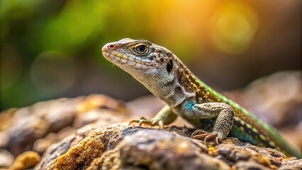 Obraz premium Garden lizard blending with surroundings on a rocky surface, reptile, wildlife, nature, camouflaged, outdoor