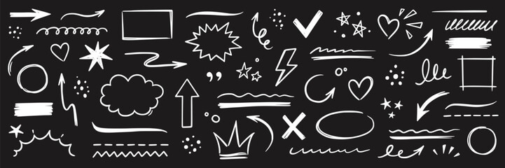Line hand drawn marker arrow, heart, text highlight brush shape element chalkboard. Hand drawn sketch marker underline shape, arrow, star scribble brush pen stroke element. Vector illustration