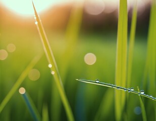 Fototapeta premium water drops on grass zen mindset minful relax relaxing mind nature wet water focus macro close up grass with dew drops defocus background fresh