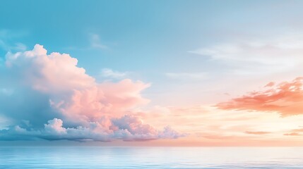 Naklejka premium Serene sunset over calm ocean waters coastal landscape tranquil nature scene aerial view