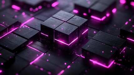 Fototapeta premium Glowing pink lines illuminate dark metallic cubes in a futuristic grid.