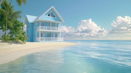 Fototapeta premium Serene Beachfront House: A Two-Story Blue Haven on a Tropical Island Paradise