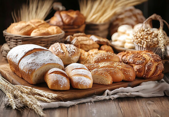 Assorted pastries and bread arranged on a tray at a bakery shop, pastries, bread, assorted, tray, bakery, shop