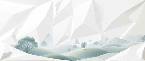 Abstract landscape with geometric mountains and soft hills, creating a serene atmosphere.