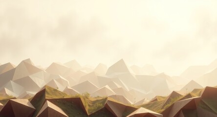 Abstract landscape with geometric mountains under soft lighting.