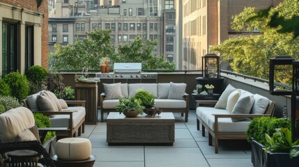 Fototapeta premium A stylish balcony with seating, plants, and a grill, perfect for relaxation and gatherings.