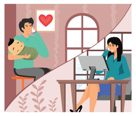 Family maternity paternity leave concept. Young man on call with wife working at office.