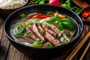 Vietnamese Noodle Soup Bowl with Beef, Vegetables, and Chopsticks on Wooden Table - Warm and Inviting Food Scene