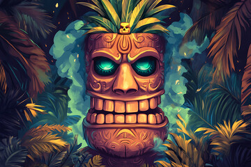 A vibrant tiki statue surrounded by lush tropical foliage and mist.