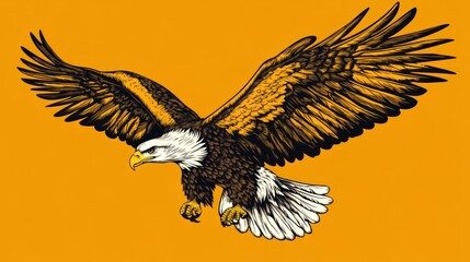 Fototapeta premium A stylized illustration of an eagle in flight against a vibrant orange background.