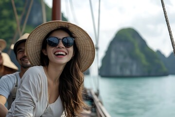 Happy tourists sailing in ha long bay, vietnam