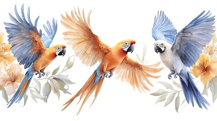 Obraz premium Vibrant parrots in flight tropical paradise digital artwork colorful nature wildlife