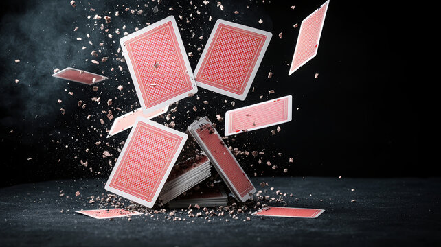 deck of playing cards exploding into pieces, creating dramatic scene. cards are scattered in mid air, showcasing energy and chaos of moment