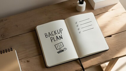 A notebook open to a page labeled "Backup Plan," featuring a drawing of a computer and a checklist for organized planning.