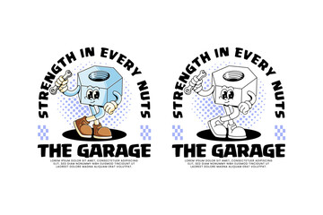 nut of fastener equipment retro cartoon character mascot illustration with standing pose and holding wrench spanner tool for garage, workshop, craftsman mascots and merchandise