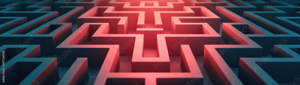 Poster complex maze design with intricate pathways and glowing red highlights, symbolizing confusion and en