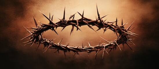 Close-up of metal crown of thorns on rustic brown background, evoking dark, ominous and religious atmosphere