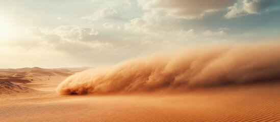 Desert Landscape: Golden sands and billowing dust cloud under a sky filled with scattered white fluffy clouds, tranquil and serene
