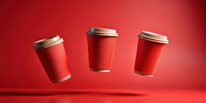 Minimalist red takeaway coffee cups floating above red background, paper cups, coffee, render, minimalist, red