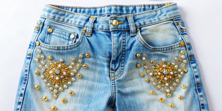 Light-blue denim pants adorned with yellow and silver rhinestones, denim, light blue, pants, fashion, clothing, rhinestones