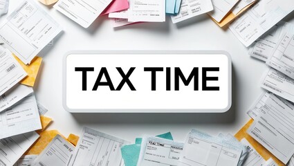 A collection of receipts and paperwork surrounding a prominent sign that reads "TAX TIME," indicating the busy season for tax preparation.