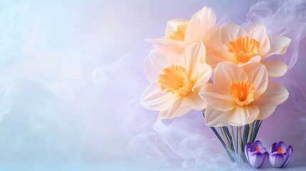 Spring blooms daffodils and crocuses in a soft background floral arrangement serene atmosphere