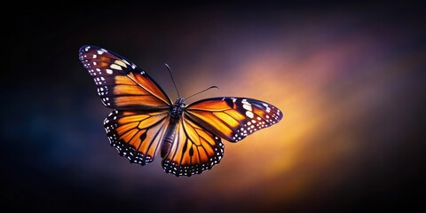 Fototapeta premium Beautiful butterfly soaring gracefully against a dark background, butterfly, beautiful, insect, wings, flying, graceful