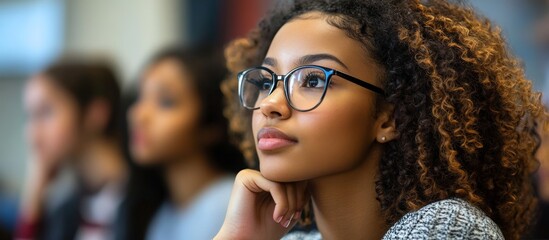 Focused young woman with curly hair and glasses listening attentively in lecture hall surrounded by other students