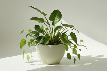 vibrant houseplant with large, heart-shaped leaves in shades of green and silver. The plant is potted in a simple white ceramic pot and sits on a clean, white surface.
