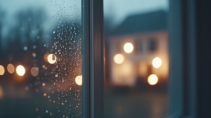 Fototapeta premium Rainy Night Window View Cozy Home Lights Drops