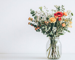 Obraz premium elegant bouquet of mixed flowers in glass vase on white background