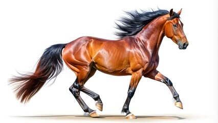 Obraz premium High-resolution equestrian photography captures a majestic bay stallion's isolated, powerful trot against a pure white background.