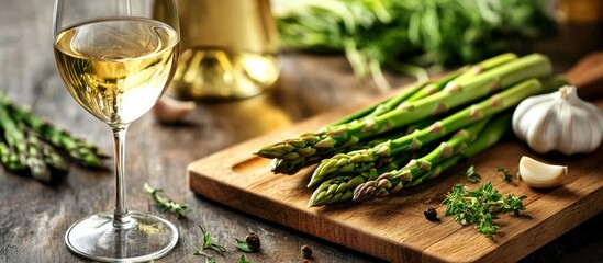Rustic kitchen scene displaying white wine, asparagus, garlic, and herbs on wooden table and cutting board