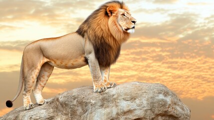 Obraz premium Majestic Male Lion on Rock Sunset African Savanna Wildlife