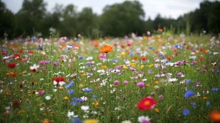 Vibrant field of wildflowers with a standout orange bloom against a blurred woodland backdrop under a serene overcast sky