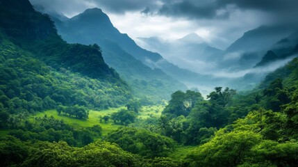 Naklejka premium Serene landscape of lush green valley with towering mountains, foggy sky, and peaceful atmosphere
