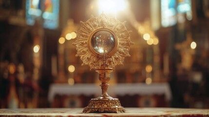 Golden metal chalice with intricate design in church setting, illuminated by sunlight creating peaceful atmosphere