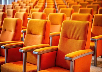 Naklejka premium Macro lens captures the unseen: close-up beauty of worn orange classroom chairs.