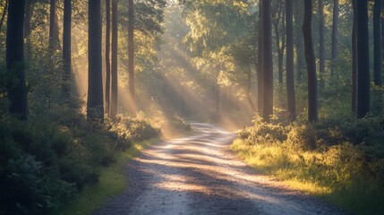 Obraz premium Sunbeams Illuminating Forest Path