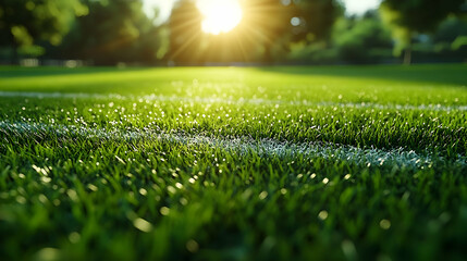 Naklejka premium Green Grass Field with White Lines, Sunlight Bokeh, Close-up Illustration