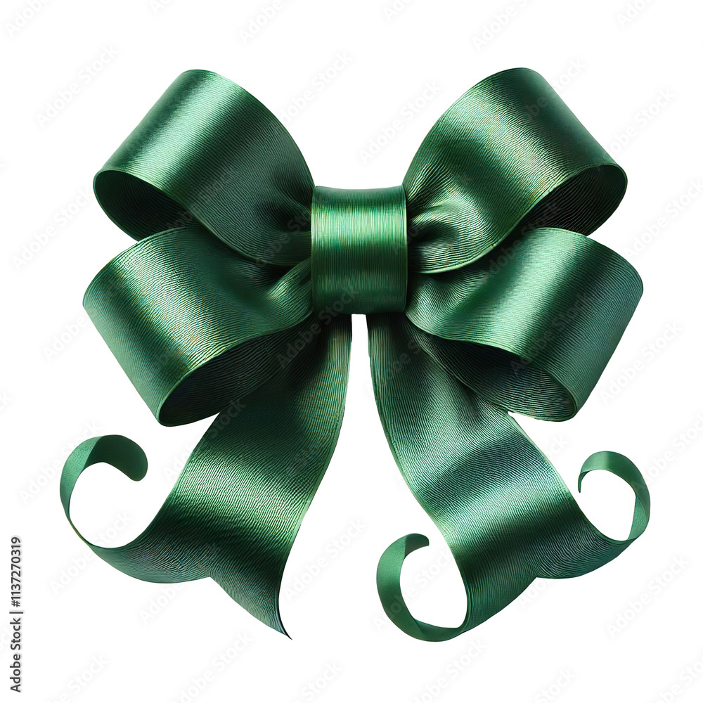 Poster A lush, emerald green satin ribbon is meticulously tied into a perfect bow. The glossy sheen and sharp folds showcase its high quality