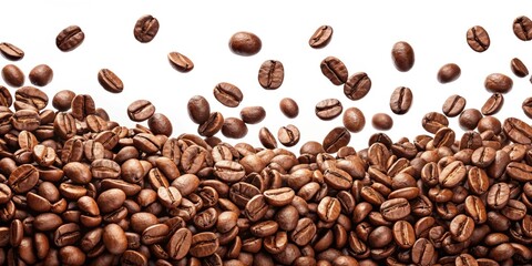 Obraz premium Falling coffee beans isolated, coffee, beans, falling, isolated, white background, top view, freshness, beverage, aroma