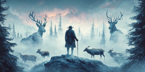 Man with Walking Stick Majestic Deer Foggy Winter Landscape High Resolution