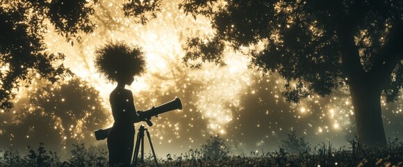 Child Astronomer Silhouette in Magical Forest Night