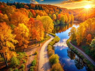 Obraz premium Serene forest lake, golden autumn hues, peaceful pathway.