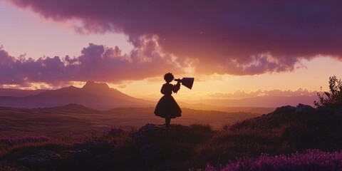 Sunset Silhouette Woman with Megaphone on Hilltop Landscape