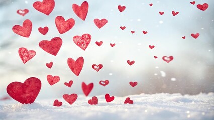 A snowy landscape with many red hearts scattered throughout