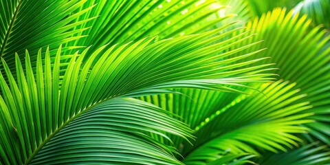 Vibrant green palm tree leaves close-up , Tropical, foliage, nature, botany, fronds, vibrant, lush, exotic, summer, sunny