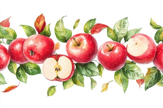 Watercolor Seamless Border of Red Apples and Leaves