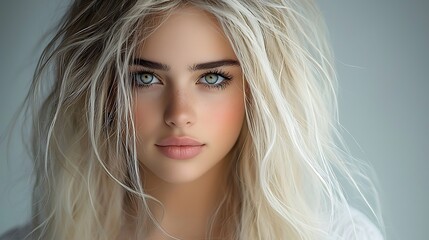 Naklejka premium Contemporary scandinavian beauty blonde woman elegant simple white outfit soft lighting pure aesthetic editorial style. Ultra-Realistic, Photo Realistic, highly detailed, 